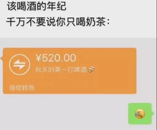 该喝酒的年纪千万不要说你只喝奶茶转账520元秋天的第一打啤酒表情包:安卓版截图1